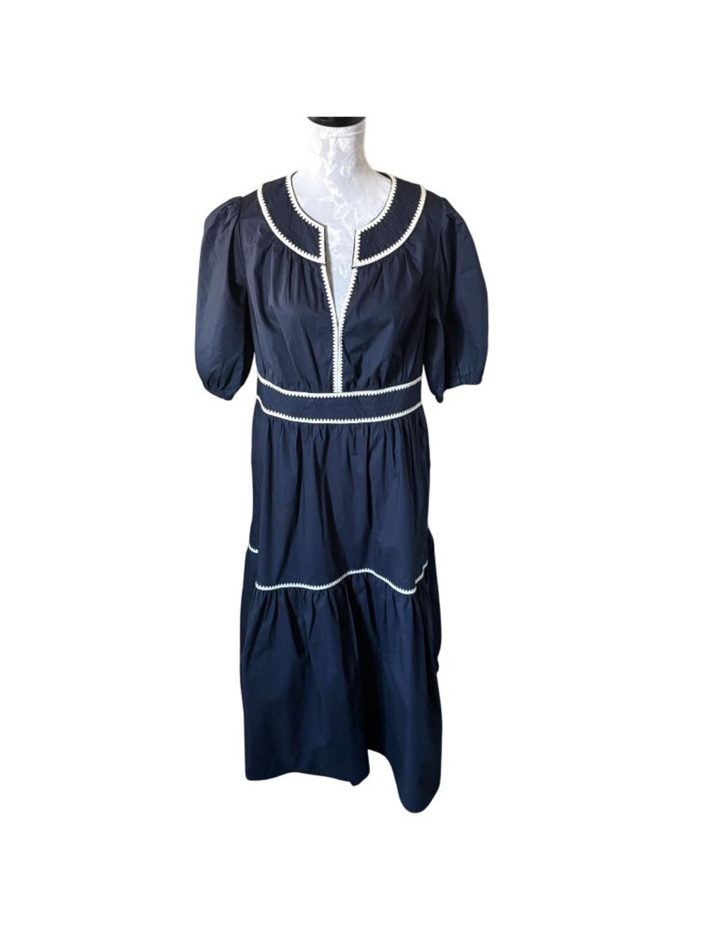 Boden Rhea Embroidered Cotton Midi Dress in Navy Puff Sleeve 10 REGULAR